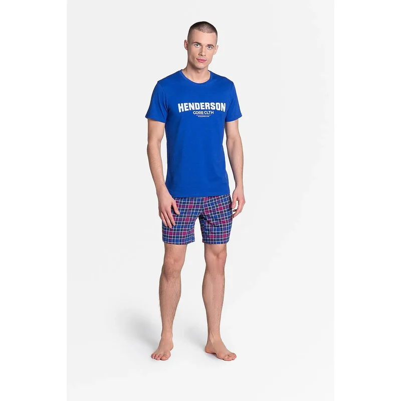 Pyjama homme Henderson 151501 confortable ensemble deux pièces tshirt manches courtes imprimé short carreaux coton respirant bleu rouge blanc élégant
