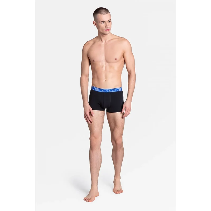 Boxer homme Henderson modèle 151472 confortable coton extensible élasthanne ceinture élastique bleue contrastante couture discrète maintien anatomique noir gris