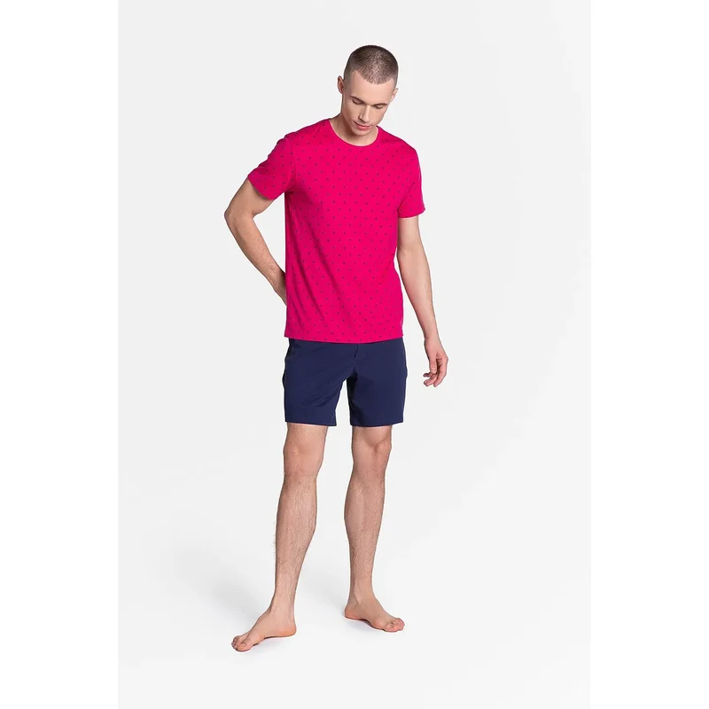 Pyjama Henderson 151302 deux pièces homme tendance coloré haut vif bas bleu marine imprimé palmier respirant
