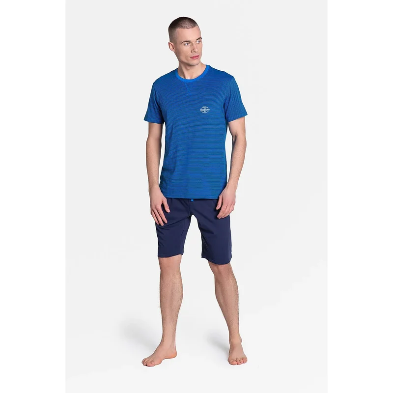 Pyjama homme Henderson 151169 bleu rayé haut manches courtes short genouette bleu marine coton doux respirant logo discret