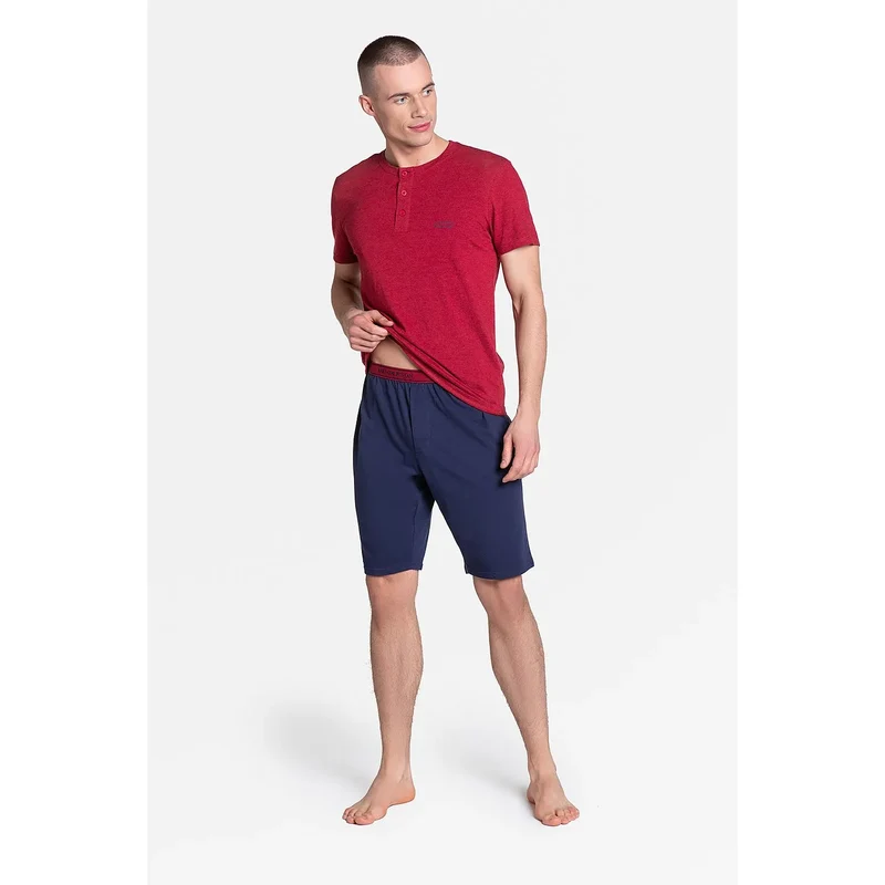 pyjama homme élégant coton rouge bleu marine confortable respirant doux durable haut col rond trois boutons bermuda taille élastique