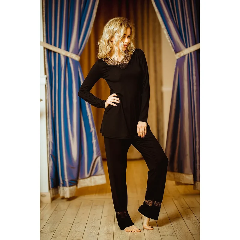 pyjama Kalimo viscose noire dentelle transparente manches longues haut pantalon coupe droite ample douceur respirant élégant raffiné féminin confortable