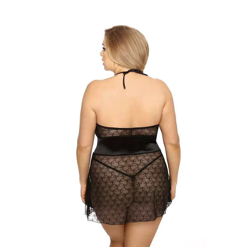 Chemise nuit sexy Anais dentelle noire satin élasthanne polyamide taille ajustée lacets entrecroisés bretelles attache nuque bande satinée