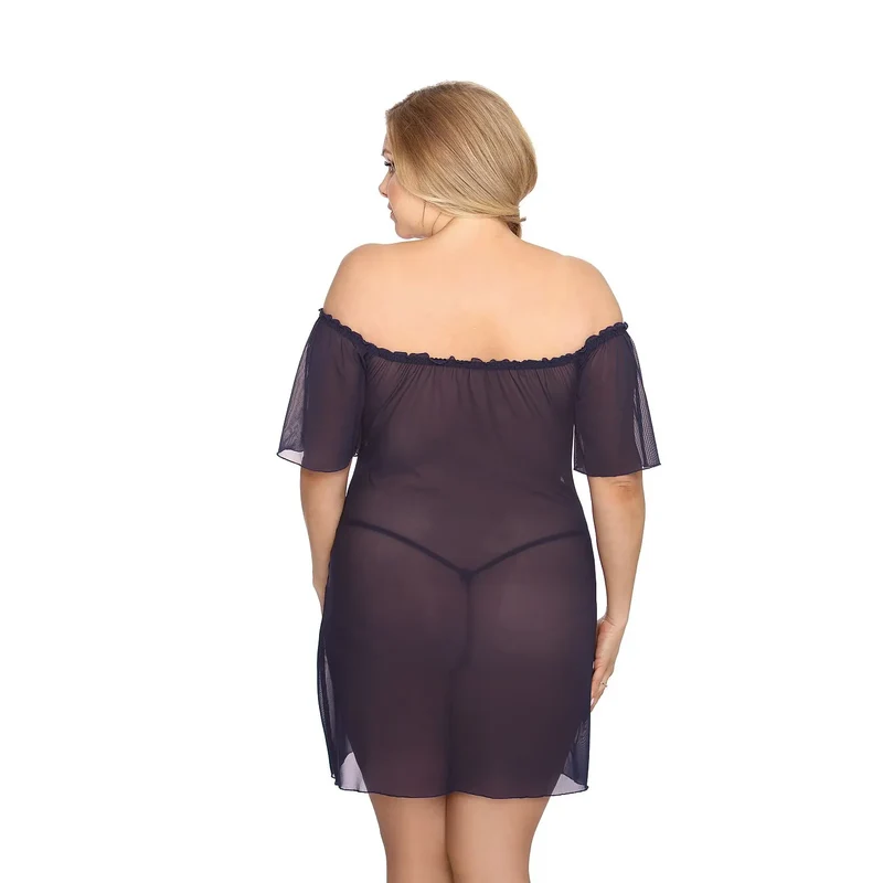 Ensemble lingerie sensuelle noire épaules dénudées grande taille dentelle tulle string