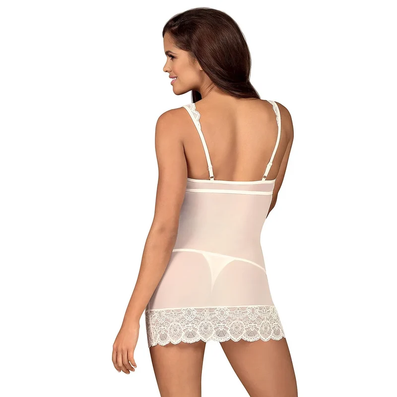 nuisette élégante sensuelle dentelle blanche tissu transparent léger bretelles larges décolleté profond ourlet délicat coupe ajustée maintien optimal longueur mini