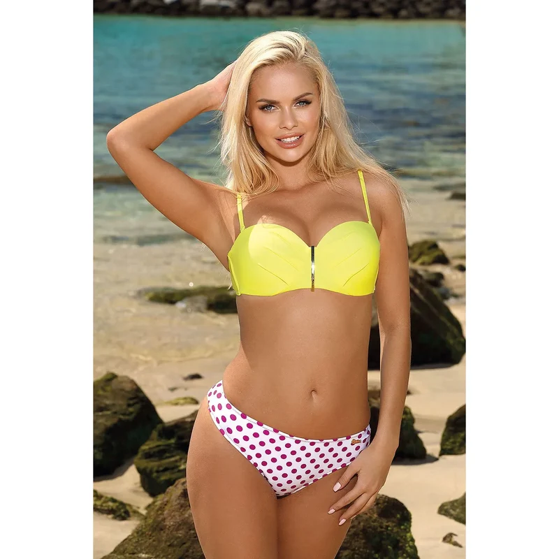 Maillot de bain deux pièces élégance confort push-up Bardot jaune pois roses vacances plage piscine