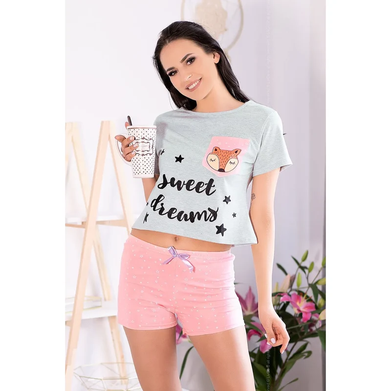 Pyjama coton 100% Livia Corsetti deux pièces gris rose renard Sweet dreams sexy S/M L/XL élégant