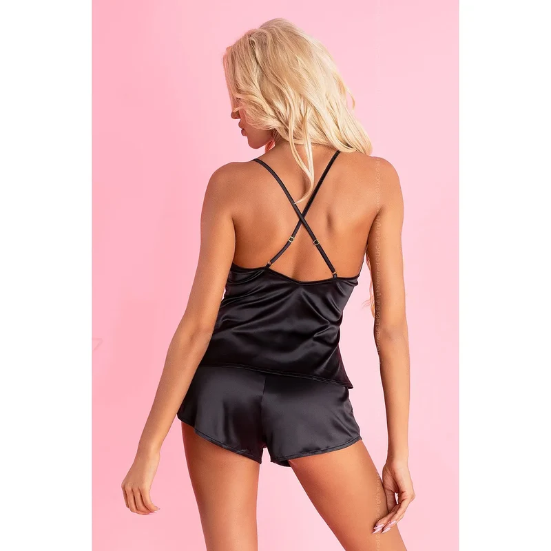 Ensemble sexy lingerie satin noir dentelle corset bustier bretelles croisées short assorti satiné confortable élastique féminin élégant