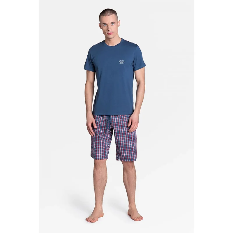 pyjama homme prestigieux confort sportif carreaux bleu rouge haut manchescourtes col rond short élastique cordon poches latérales coton respirant durable