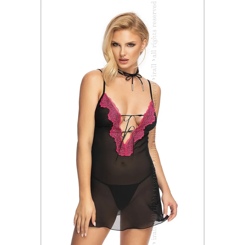 nuisette sexy transparente dentelle rose cordons ajustables noirs bretelles fines décolleté profond courte string inclus lingerie féminine élégante