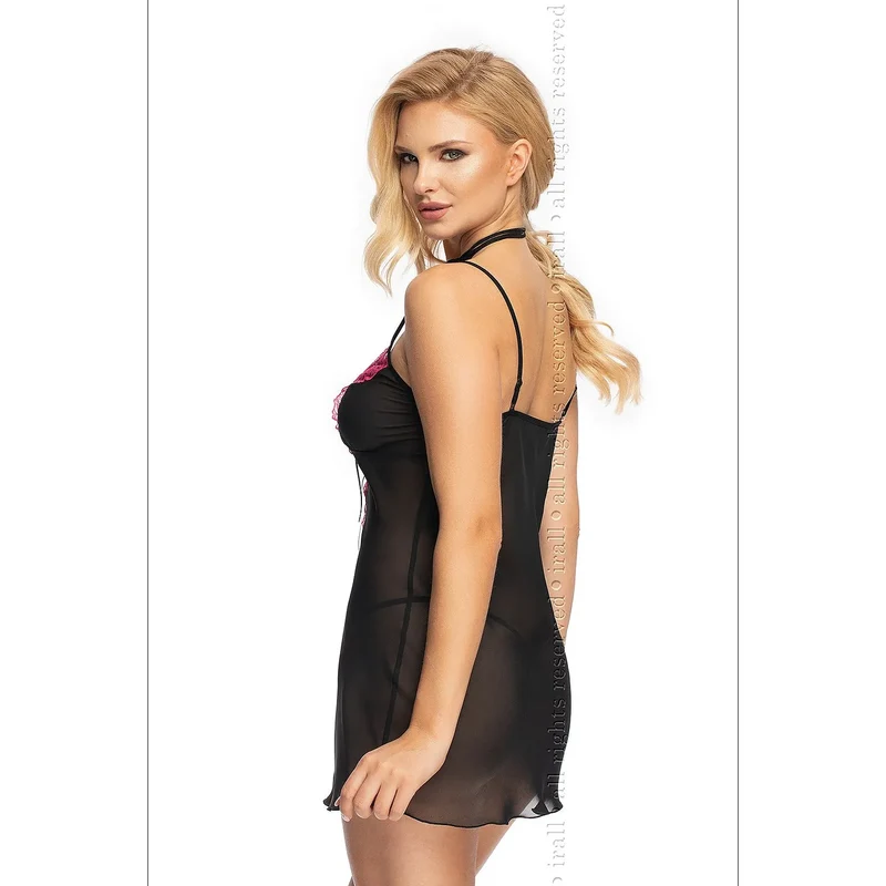 nuisette sexy transparente dentelle rose cordons ajustables noirs bretelles fines décolleté profond courte string inclus lingerie féminine élégante