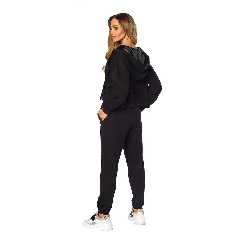 ensemble deux pièces coton pur douceur respirant confortable élégant noir capuche doublée satin argenté pantalon élastique poches latérales