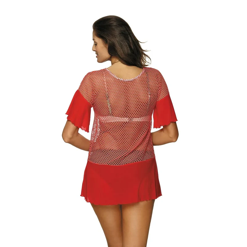 tunique plage audacieuse élégante semi-transparente filet blanc rouge Marko