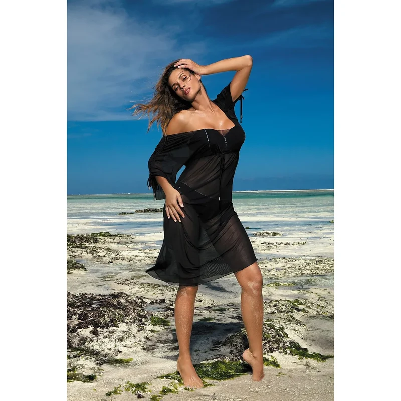 Robe plage élégante noire off-shoulder tissu italien manches ajustables femmes vacances bord mer