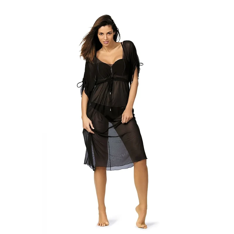 Robe plage élégante noire off-shoulder tissu italien manches ajustables femmes vacances bord mer