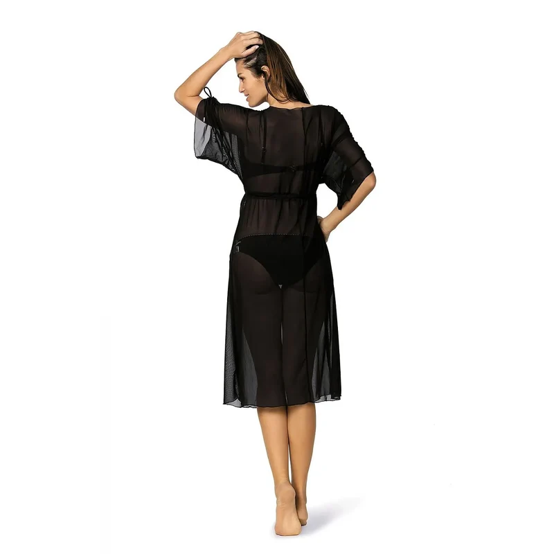 Robe plage élégante noire off-shoulder tissu italien manches ajustables femmes vacances bord mer