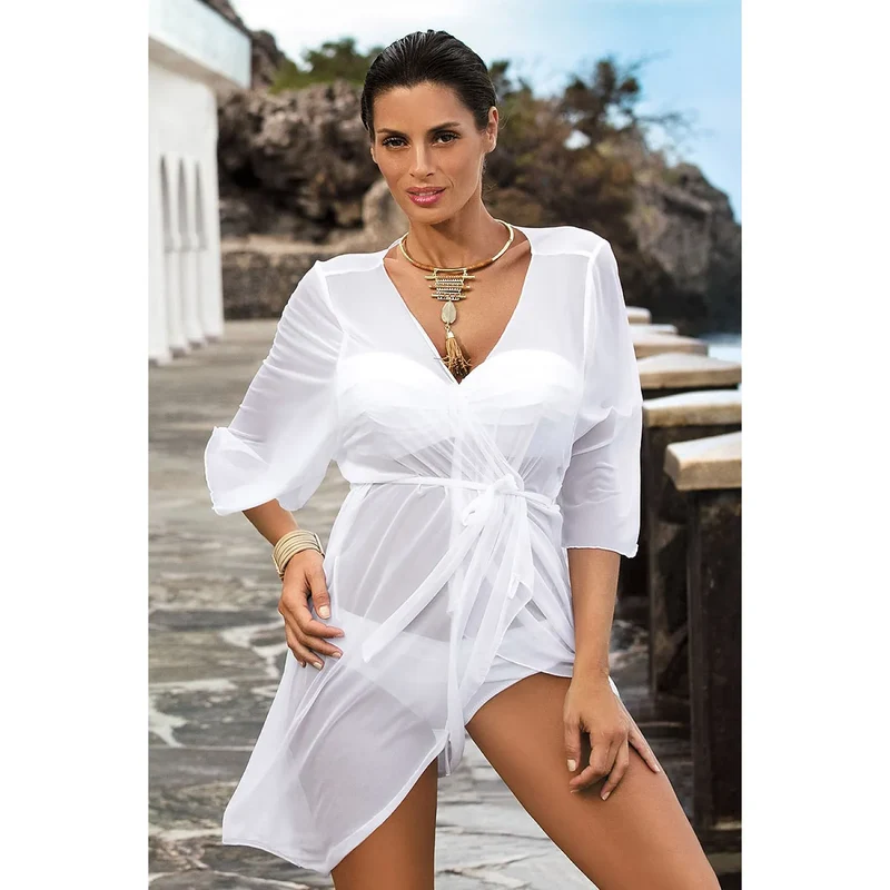 tunique plage sensuelle tulle italien élastique manches trois quarts décolleté plongeant ceinture ajustable fentes latérales cuisses transparente légère respirante blanche