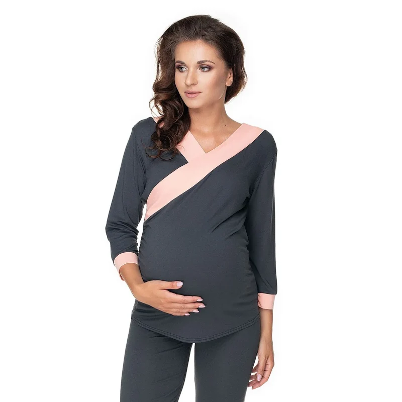 Pyjama maternité élégant allaitement viscose élasthanne gris foncé manches longues col croisé pantalon ajusté