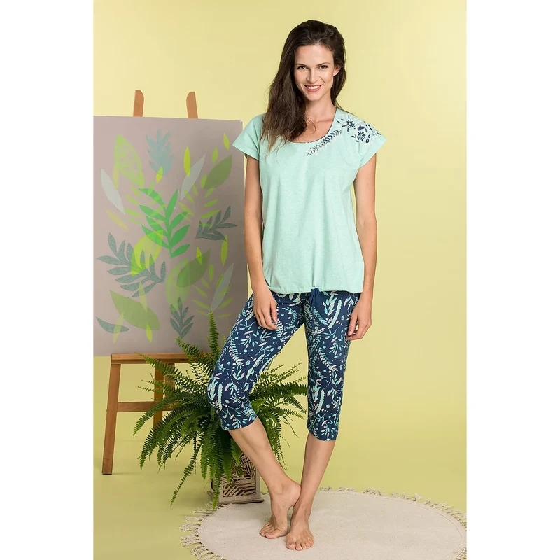 pyjama femme confortable doux coton élasthanne floral motif épaule legging trois quarts vert pastel bleu manches courtes col rond décontractée