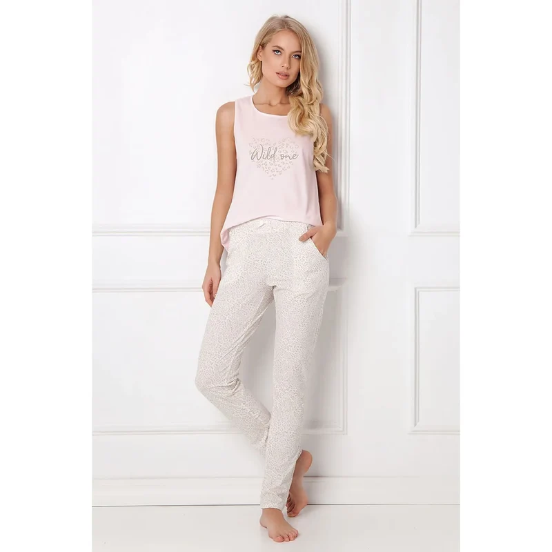 pyjama femme coton 100% rose pâle loungewear élégant décontracté sans manches poches