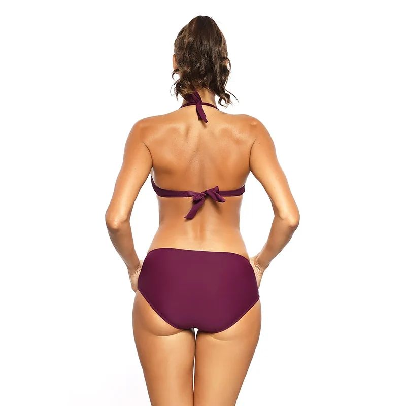 Maillot de bain deux pièces violet prune motif animalier soutien-gorge ajustable sexy