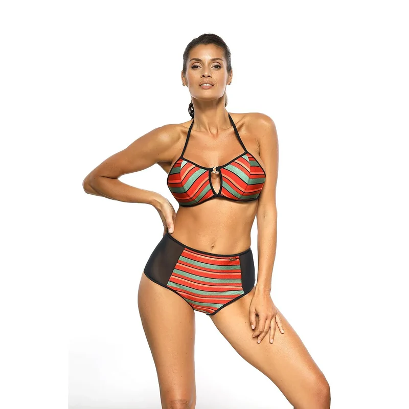 Bikini deux pièces rétro 141173 Marko tissu italien perlé rayures rouges oranges noires bretelles ajustables