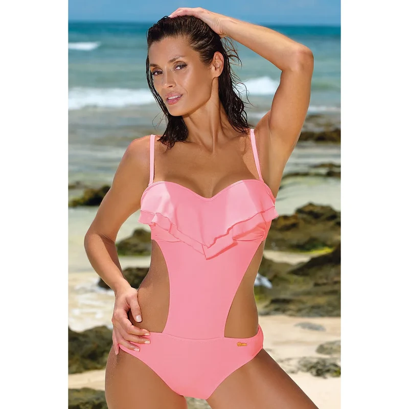 Maillot bain monokini cubain pièce bonnets rembourrés découpes latérales volant aérien bretelles détachables tissu italien extensible confort séduisant