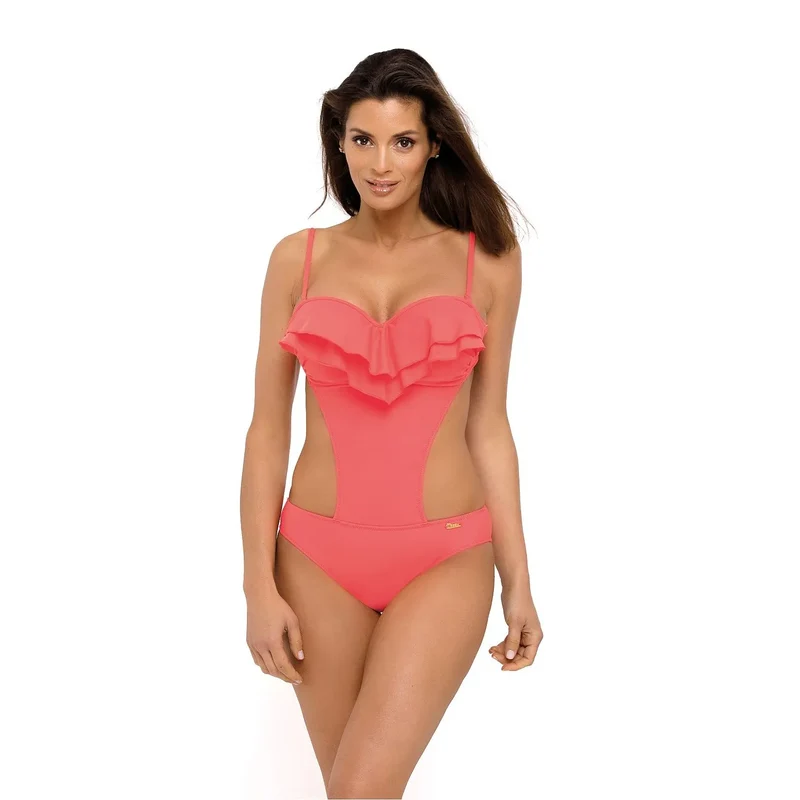 Maillot bain monokini cubain pushup tissu italien stretch polyamide élasthanne couleurs multiples découpes latérales volant aérien