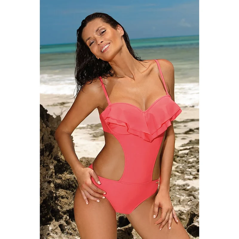 Maillot bain monokini cubain pushup tissu italien stretch polyamide élasthanne couleurs multiples découpes latérales volant aérien