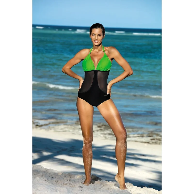 Maillot bain monokini gainant rembourré bonnets rehausseur intégré côtés tulle séchage rapide résistant soleil bretelles nouées broche petites poitrines