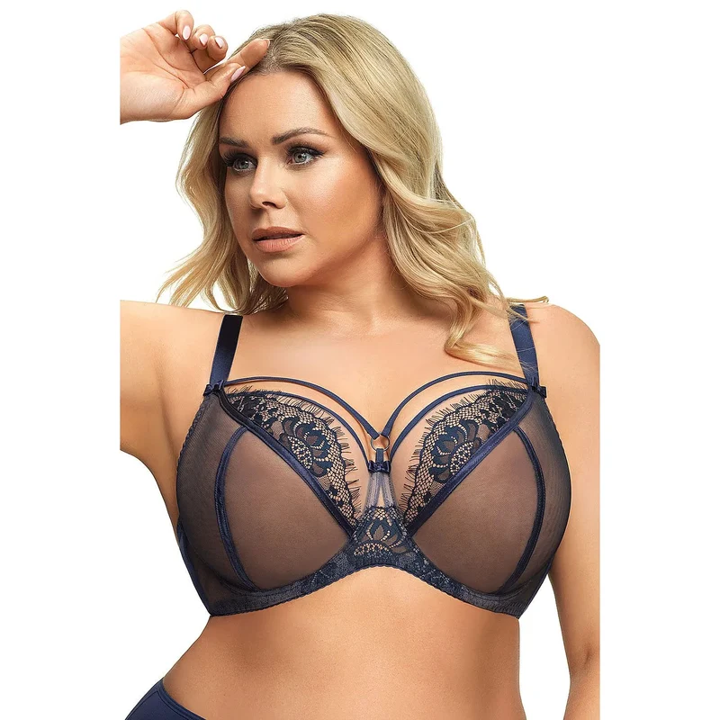 Gorsenia K496 soutiengorge bleu marine grandes tailles dentelle noire chic maintien armatures latérales basses tulle double maille confortable