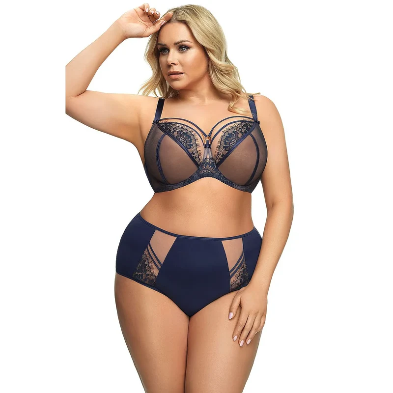 Gorsenia K496 soutiengorge bleu marine grandes tailles dentelle noire chic maintien armatures latérales basses tulle double maille confortable