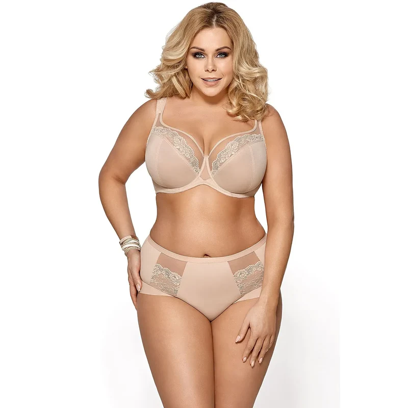 soutien gorge beige dentelle maintien confort grande taille bonnets renforcés armature bretelles élargies réglables tulle transparent lycra durable raffiné
