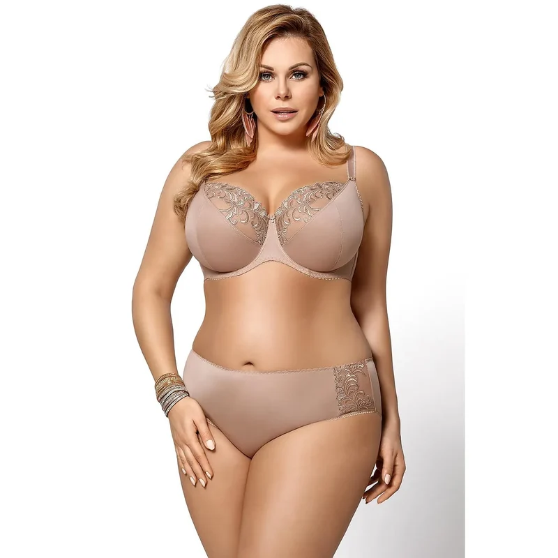 soutien gorge classique broderie élégante maintien poitrine grande taille confort bonnets structurés doublés lycra ajustables beige