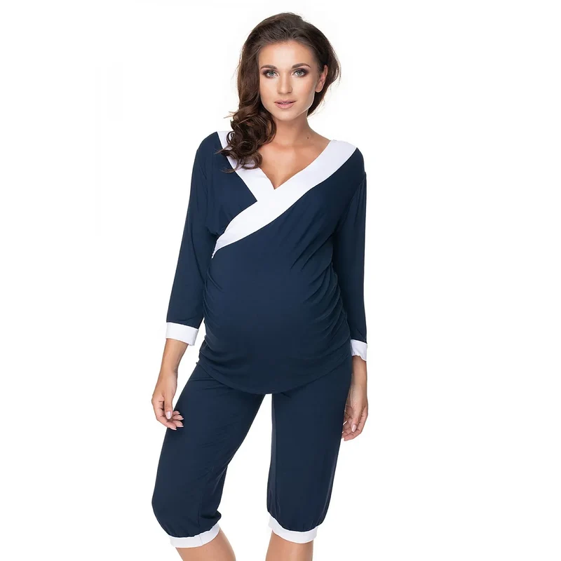 Pyjama maternité allaitement viscose élasthanne ceinture côtelée bleu marine douceur extensible maintien souple panneau non compressif confort nuits