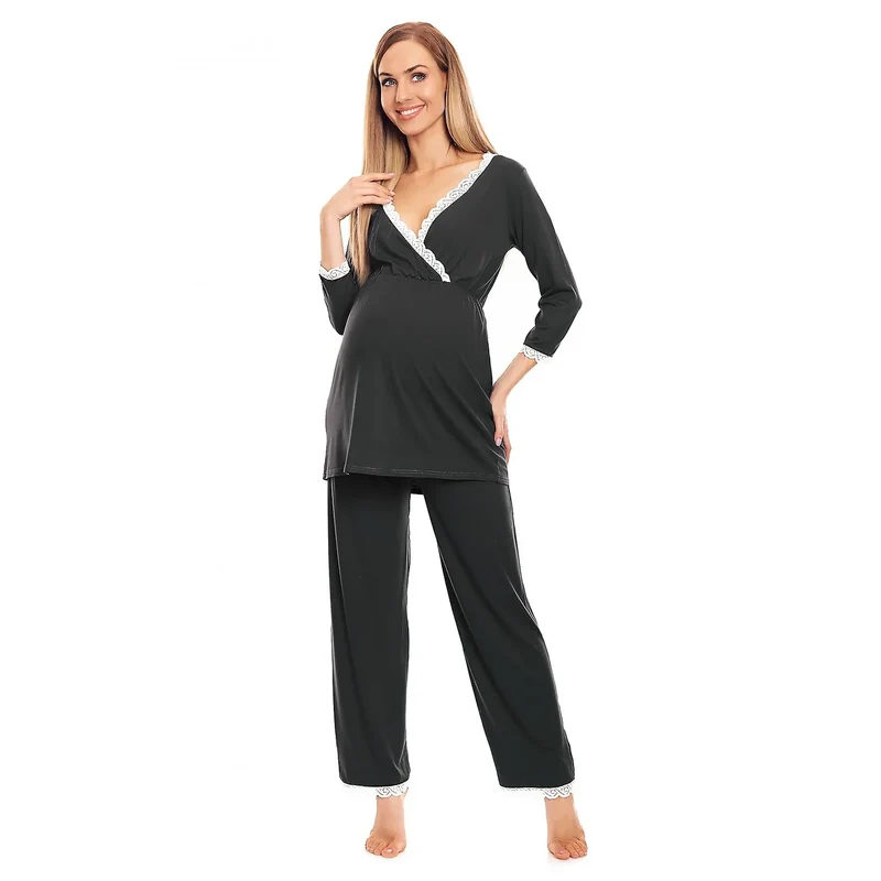 pyjama maternité allaitement large dentelle viscose élasthanne pantalon non compressé gris confortable élégant doux extensible respirant ample chemisier bordure
