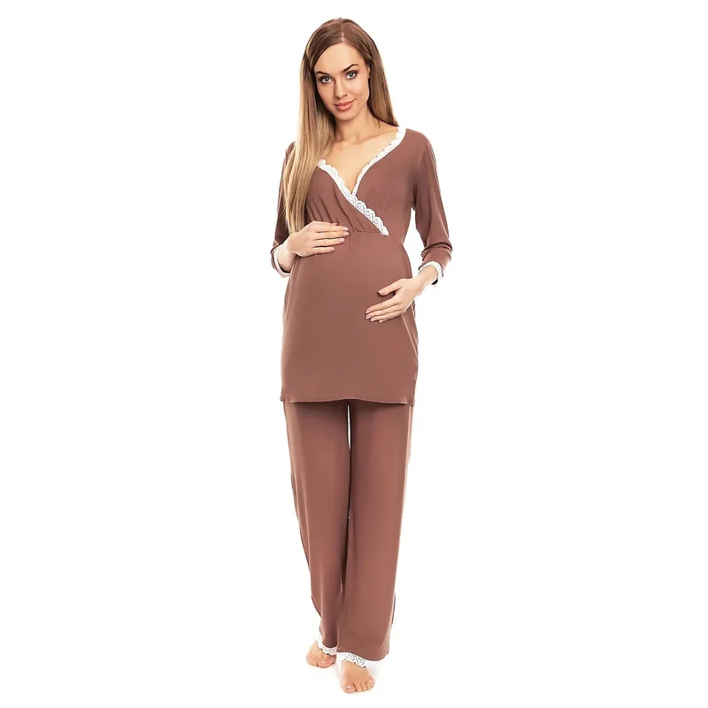 Pyjama maternité allaitement dentelle large confortable élasthanne viscose beige fluide panneau noncompressé pantalon jambes larges élégance douceur silhouette