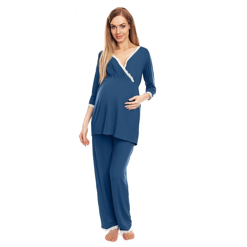pyjama maternité allaitement dentelle pantalon non compressé jambes larges viscose élasthanne douceur soyeuse coupe ample maintien délicat bleu