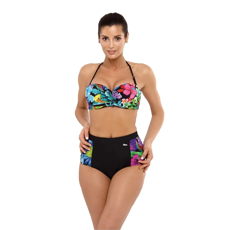 maillot bain deux pièces rétro fleurs galbant rembourré armatures bretelles détachables tissu italien polyamide élasthanne noir