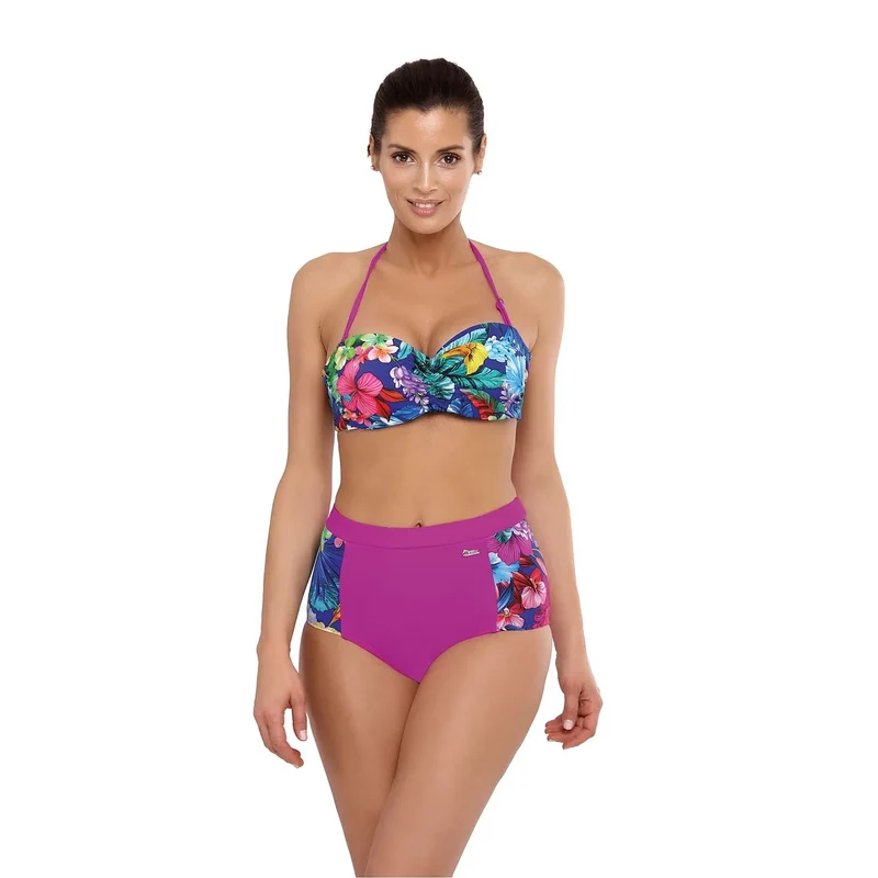 Maillot bain deux pièces rétro floral fleurs détachables galbant bonnets rembourrés armatures maintien bretelles amovibles tissu italien violet tailles variées