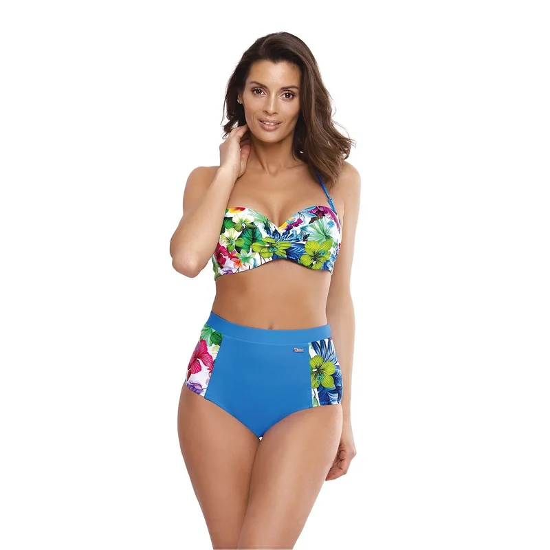 maillot bain deux pièces rétro fleurs bonnets rembourrés galbant bretelles détachables armatures maintien tissu italien polyamide élasthanne bleu