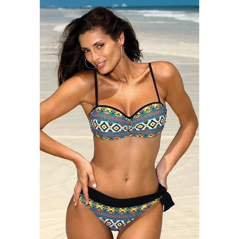 maillot bain deux pièces bardot soutien rembourré armature galbant décolleté plongeant bretelles amovibles motif ethnique coloré élasthanne polyamide