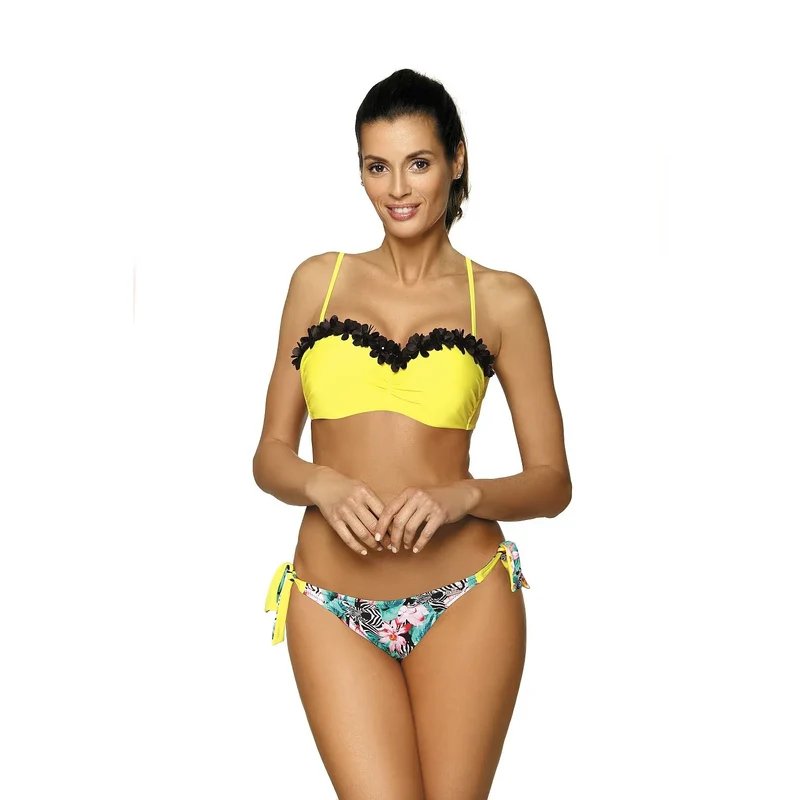 maillot bain deux pièces florale jaune romantique sexy galbant rembourré coques bretelles réglables détachables culotte nouée côtés polyamide élasthanne