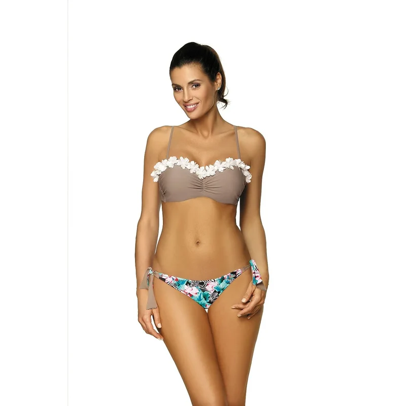 bikini amplifiant floral poitrine petite moyenne rembourré maintien bretelles réglables détachables culotte nouée côtés beige élégant confortable glamour