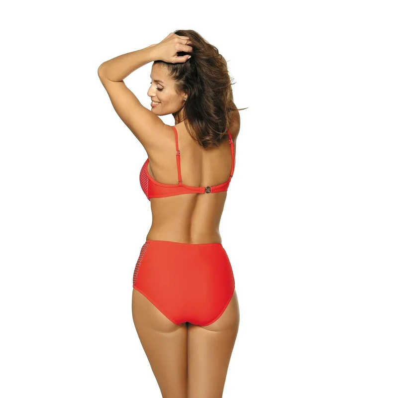 Maillot bain deux pièces taille haute galbant bonnets rembourrés armatures maille ajourée bretelles réglables fermoir arrière orange Marko