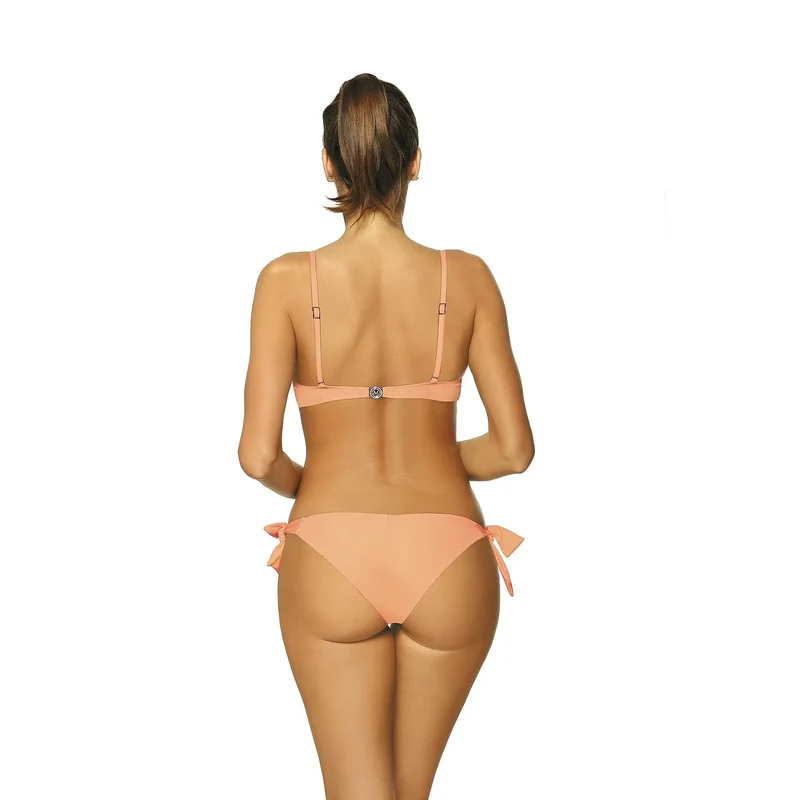 maillot bain deux pièces volants aériens noeud doré effet galbant soutien rembourré bretelles réglables amovibles culotte brésilienne nouée côtés rosé