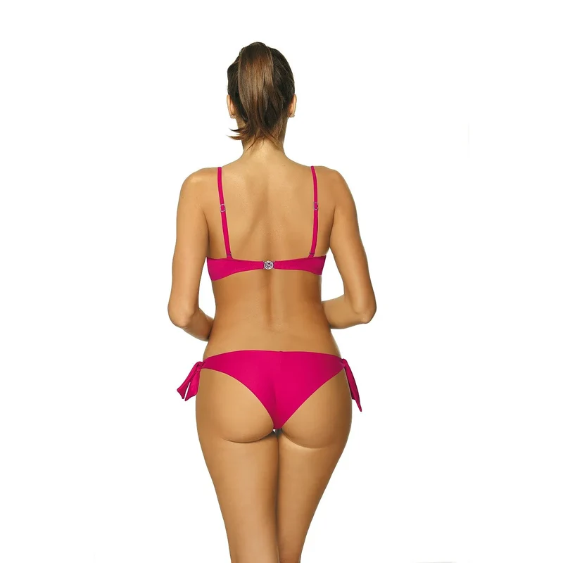 maillot bain deux pièces volants noeud doré coupe brésilienne rembourré bonnets maintien bretelles réglables amovibles culotte nouée côtés rosé