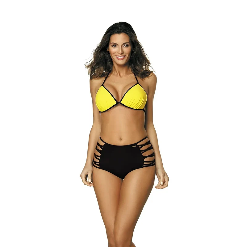 maillot bain deux pièces sexy noir jaune transparence taille haute bonnets rembourrés amovibles culotte côtés transparents sculptant maintien élasticité confort