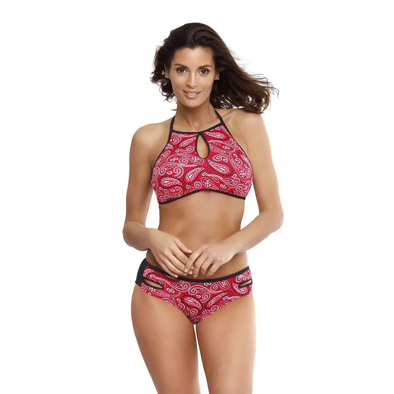 maillot bain deux pièces sport ethno tissu mat motifs marko rehausseur bonnets triangulaires mousse maintien ajustable culotte plis latéraux rouge