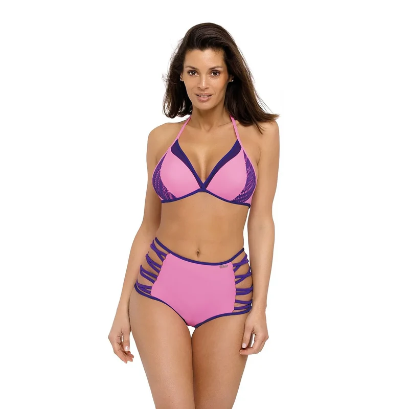 maillot bain deux pièces soutien gorge rembourré noué cou dos culotte haute tulle dentelle italien élasthanne extensible rosé élégant confortable